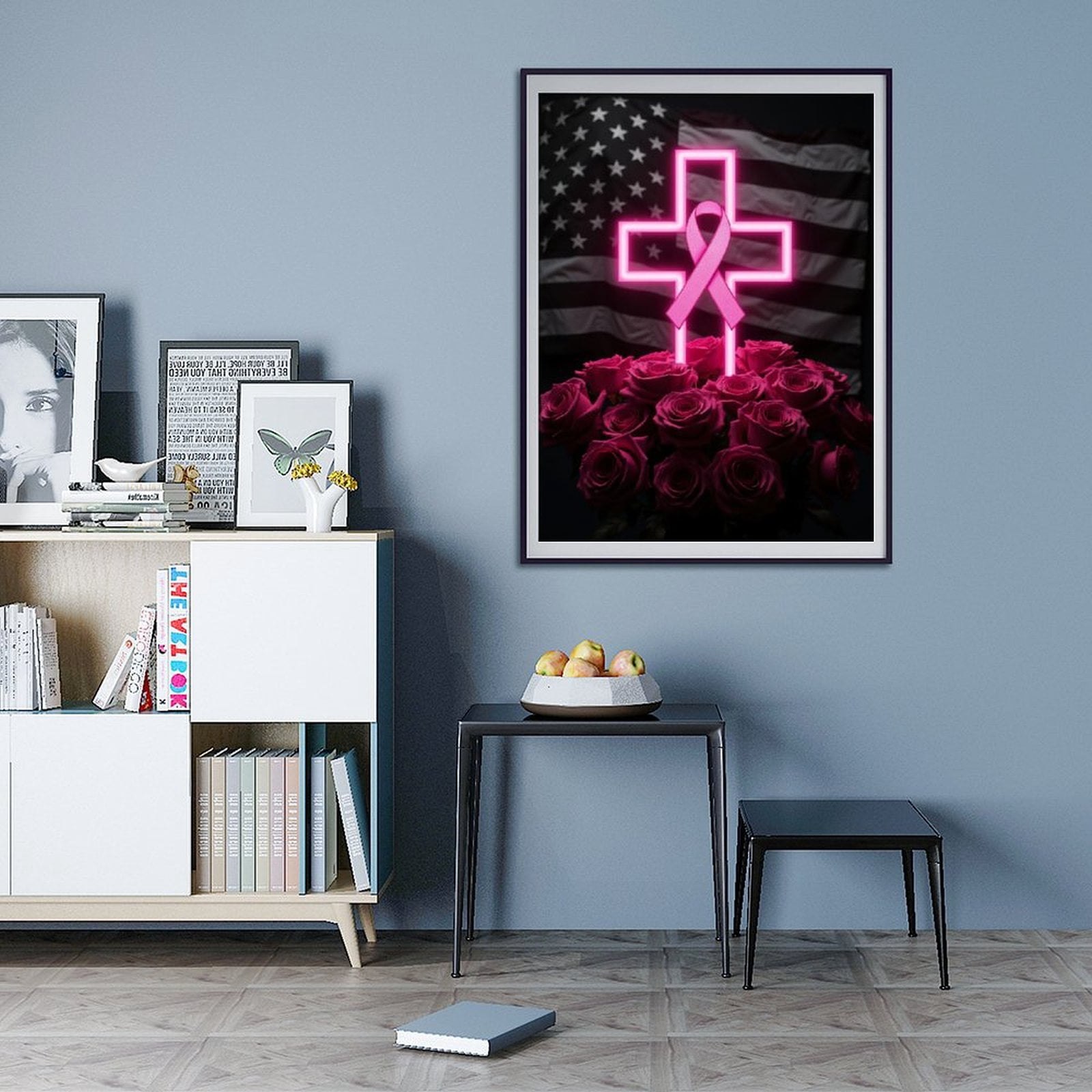 Diamond Art Kits for Adults - 5d Flag Cross Roses Pink Ribbon Diamond Painting for Adults, Diamond Art for Adults Beginners, Diamond Painting Kits for Adults for Home Wall Decor