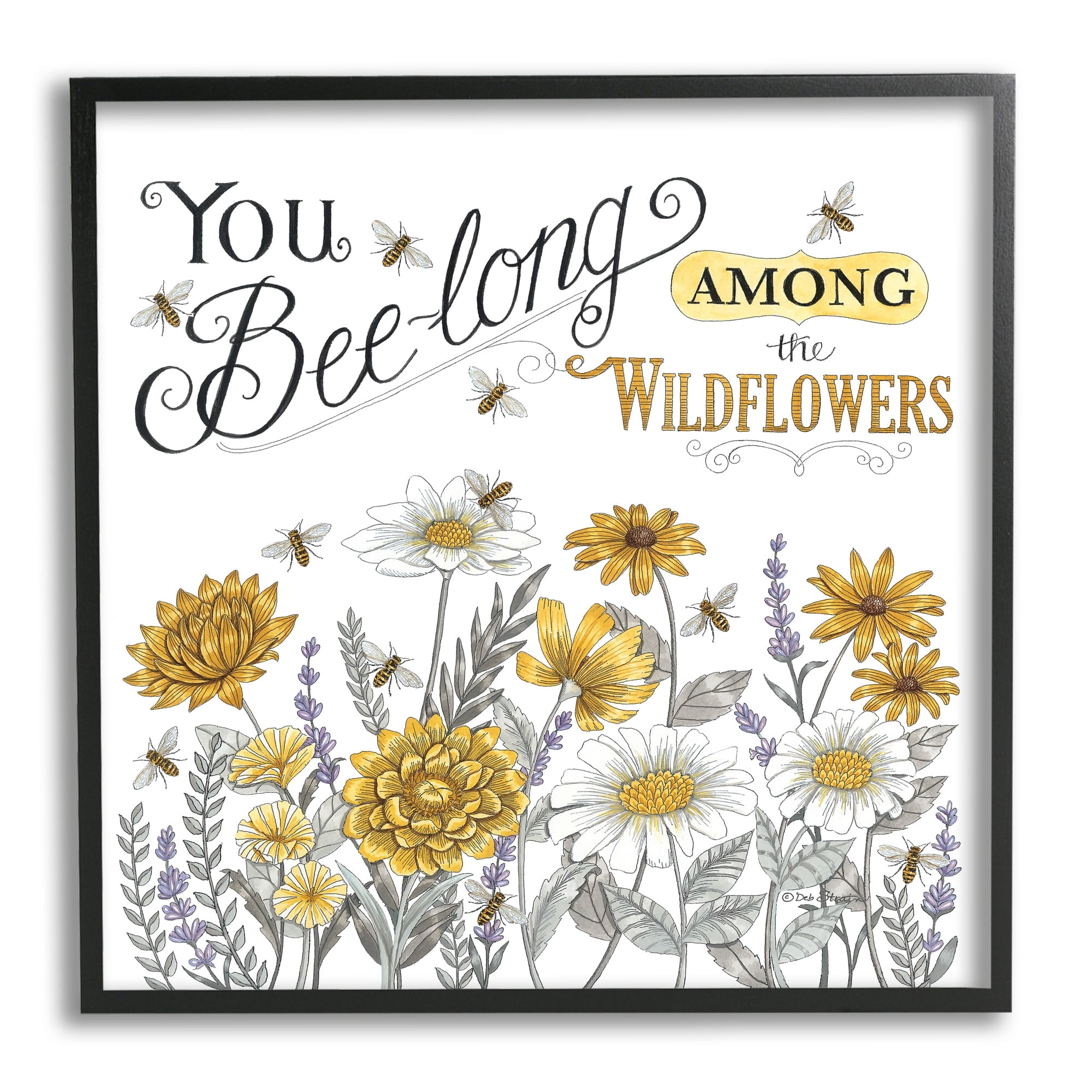 Stupell Industries Encouraging Bumble Bee Quote Blossoming Flower Meadow Graphic Art Black Framed Art Print Wall Art, Design by Deb Strain