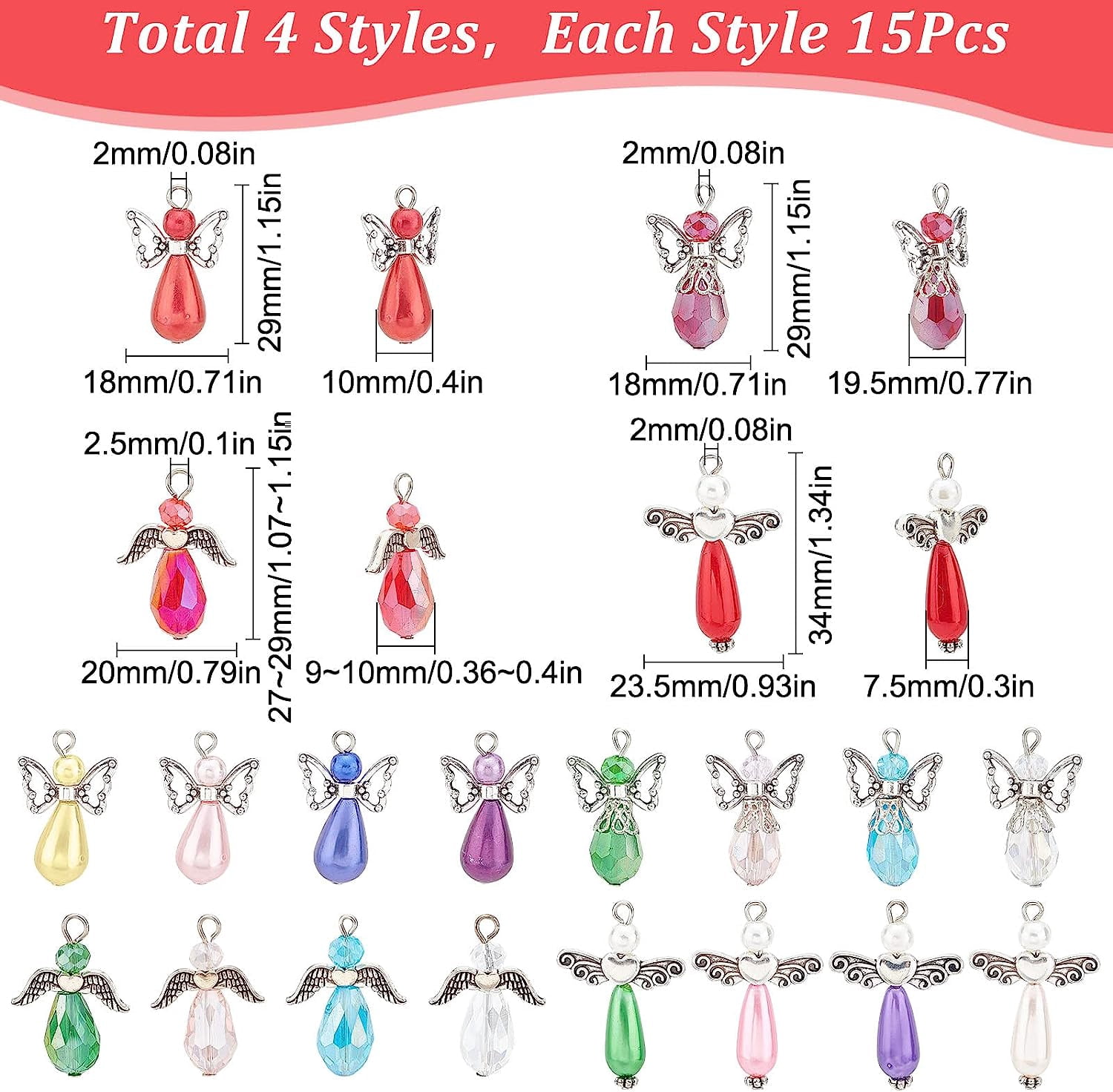 1 Box 60Pcs Angel Charms Angel Beads Beading Guardian Charm Beaded Wings Faceted Glass for Jewelry Making Party Favor Gift DIY Necklace Earring Keychain Craft Mixed Color Mixed Color