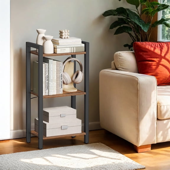 LEDREM 3-Tier Industrial Bookshelf with Steel Frame, Narrow Bookcase for Living Room Home Office Study, Rustic Brown Shelves with Ink Black Frame