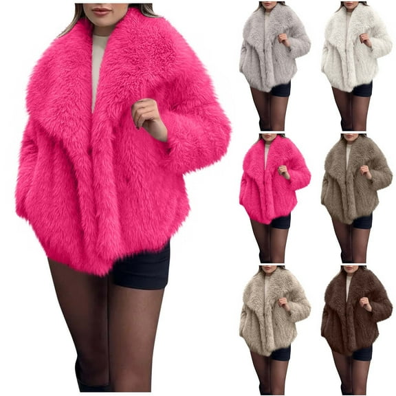 Women's Faux-Fur Coat Fluffy Faux-Fur Jacket Long Sleeve Lapel Furry Winter Jackets Shaggy Short Coat with Pockets