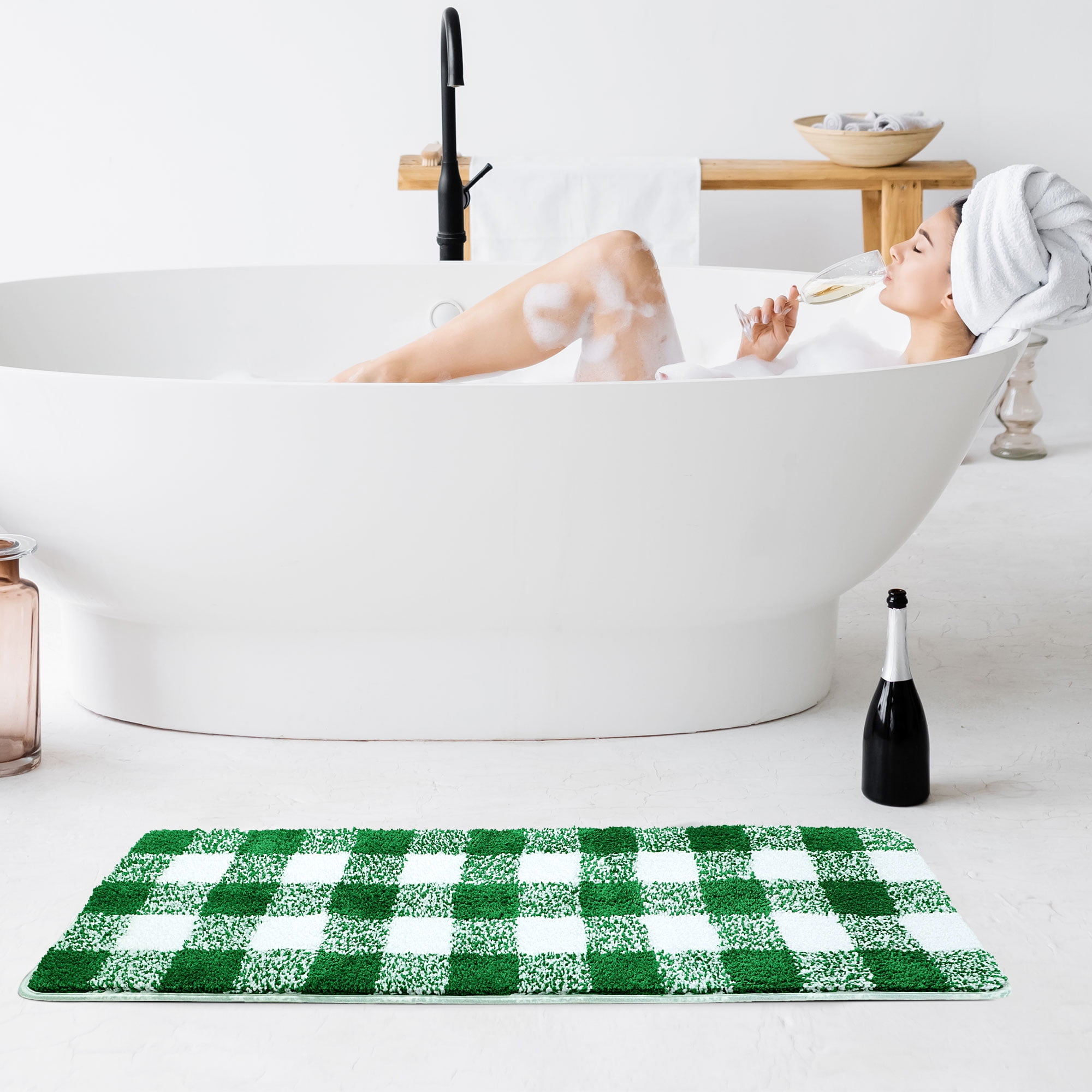 REGALWOVEN Microfiber Plaid Bathroom Rugs, Extra Soft Fluffy Absorbent Bath Rug Green & White 17"x47"