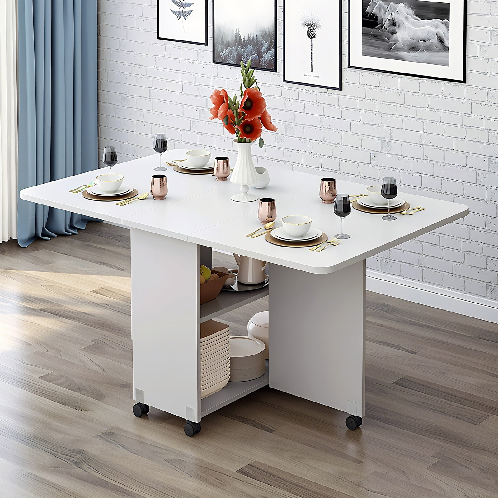 Folding Dining Table Drop Leaf Table with Wheels Space Saving Kitchen Table,&nbsp;with 6 Locking Wheels and 2 Storage Shelves, Extendable for Dining Desk and Console Use, White