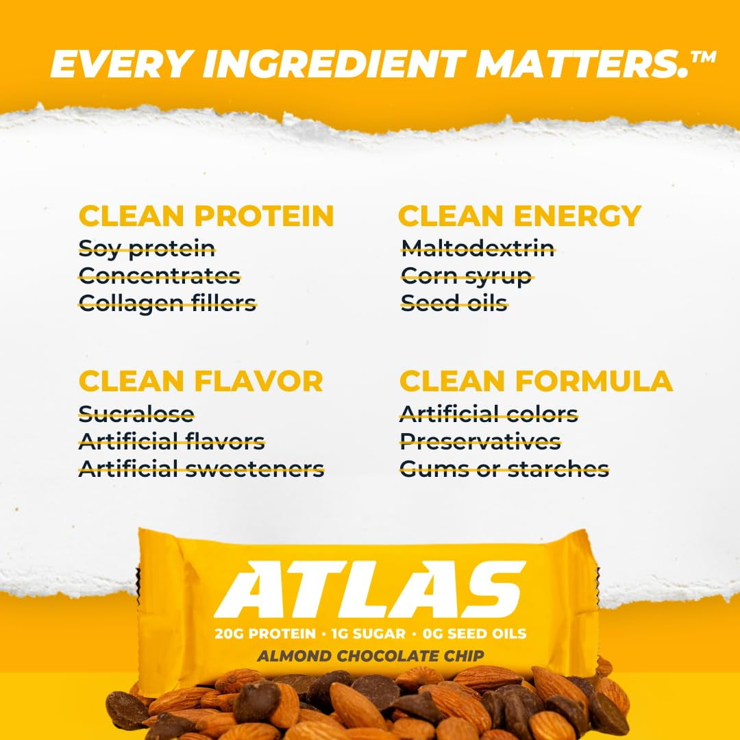 Atlas Bar, Keto Friendly & Grass Fed Whey Protein Bar, Almond Chocolate Chip, 15g Protein, 10 Bars