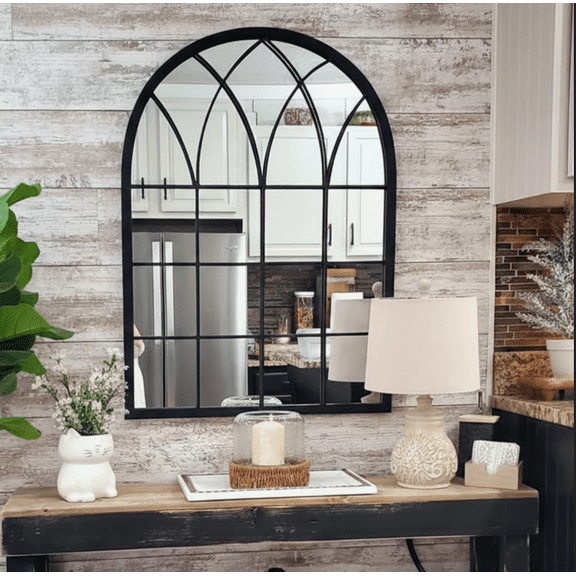 Arched Windowpane Wall Mirror, Distressed White, Farmhouse Decorative Accent Mirror