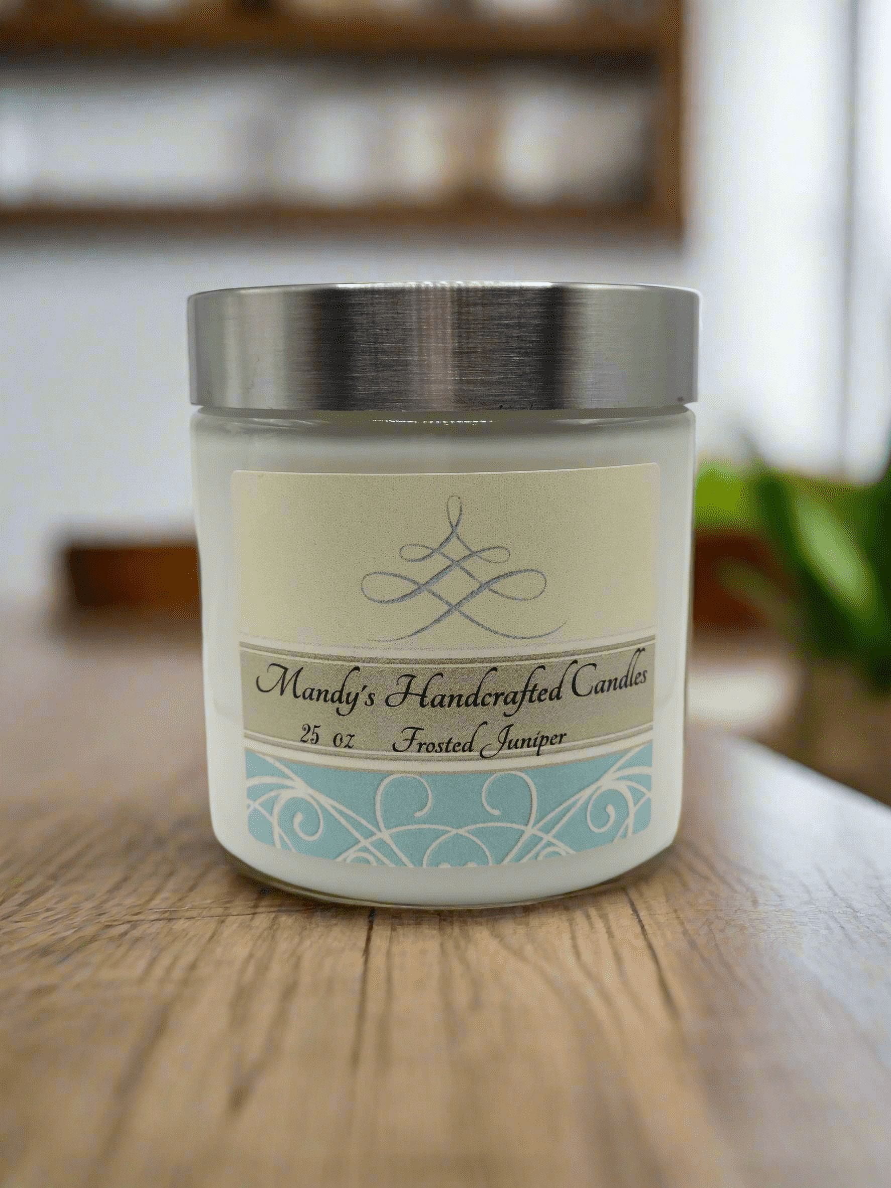 Mandy's Candles Round Clear Glass Candle, 25oz, Frosted Juniper Scented, with Crackling Wooden Wick