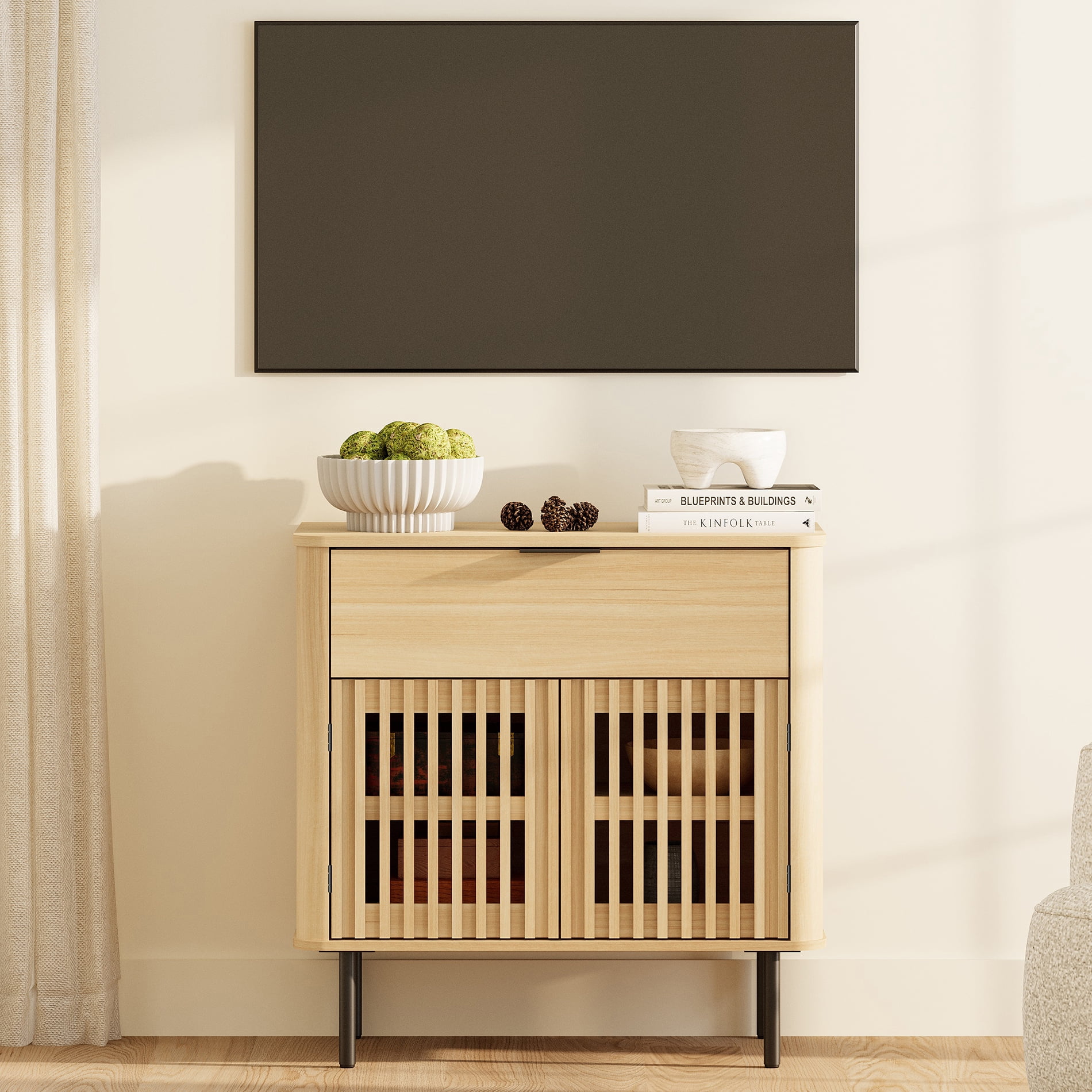 31.5" Sideboard Buffet Cabinet with Storage - Fluted Kitchen Credenza Cabinet with Pop-up Doors and Drawer, Oak