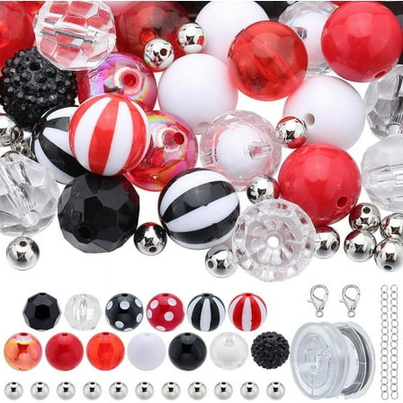106Pcs Chunky Bead Set 20mm Bubblegum Beads Bulk Large Hole Chunky Beads Beaded Pen Beads Red Black Spacer Loose Beads for Jewelry Making Bracelet Necklace Pen Craft Supplies