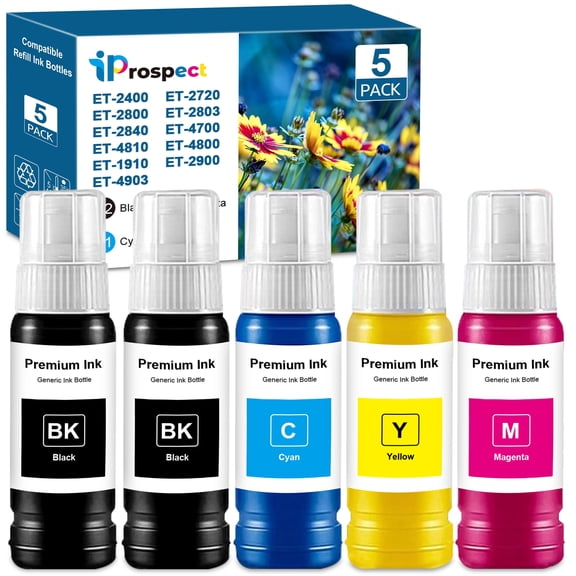 Compatible Ink Refill  Bottle Replacement for ET-1910 ET-2900 ET-4903 ET-2803 ET-2800 ET-2720 ET-4800 Printer, 2 black,1 cyan,1 yellow,1 magenta,5PK
