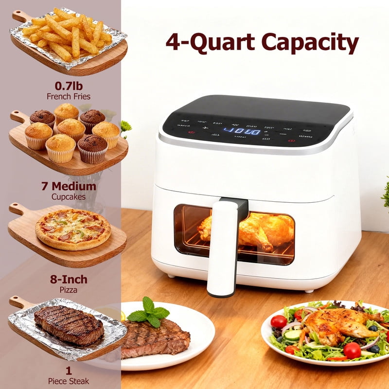 Sybels 4QT Digital Air Fryer: 1500W, Visible Window, 8 Presets, 400°F, 60-Min Timer, Auto Shut-Off, Dishwasher-Safe Basket, White