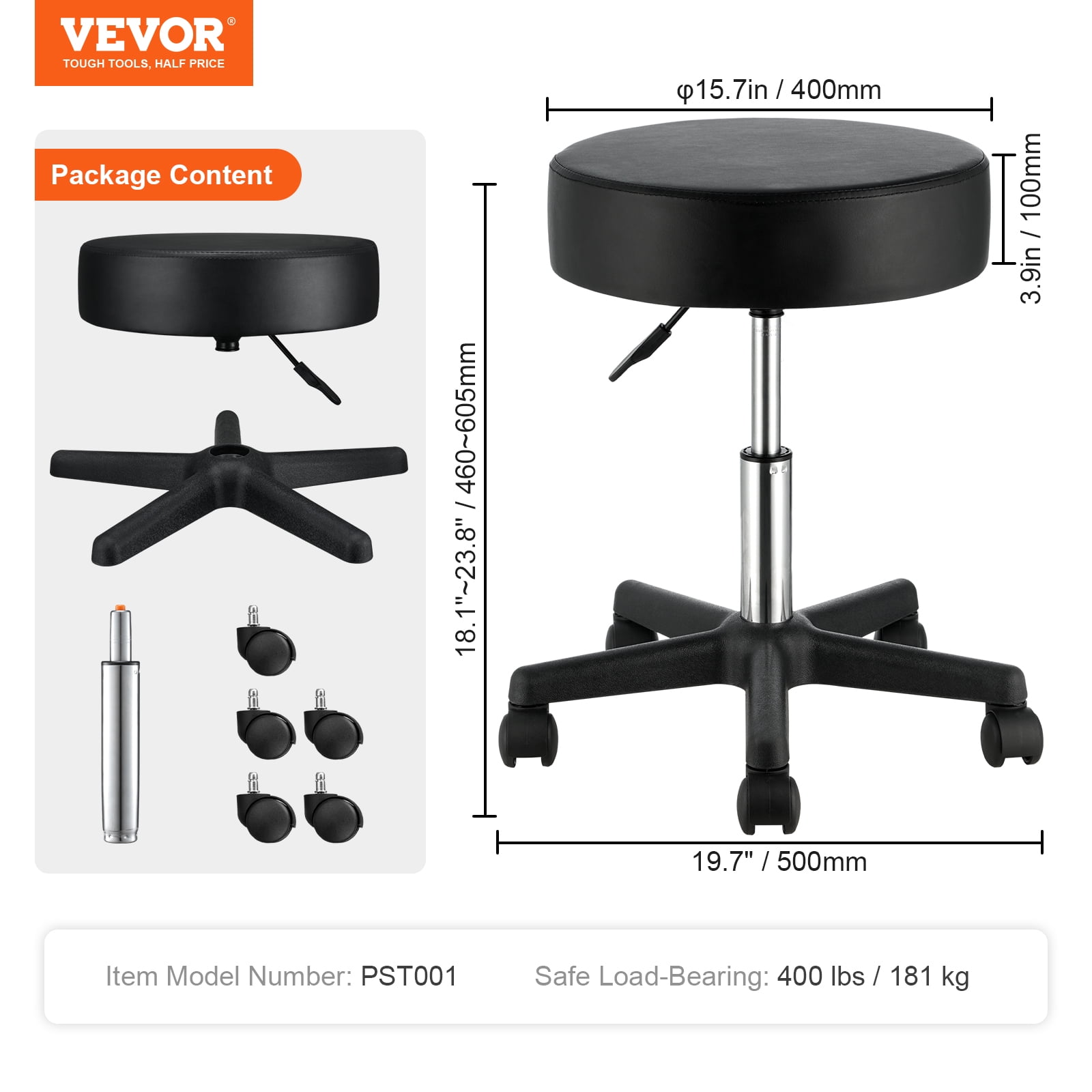 VEVOR Rolling Stools with Wheels, 400 LBS Weight Capacity Adjustable Height Stool with Ultra-Thick Seat Cushion, Swivel Stools Chair for Salon, Bar, Home, Office, Tatoo, Medical, Massage, Black
