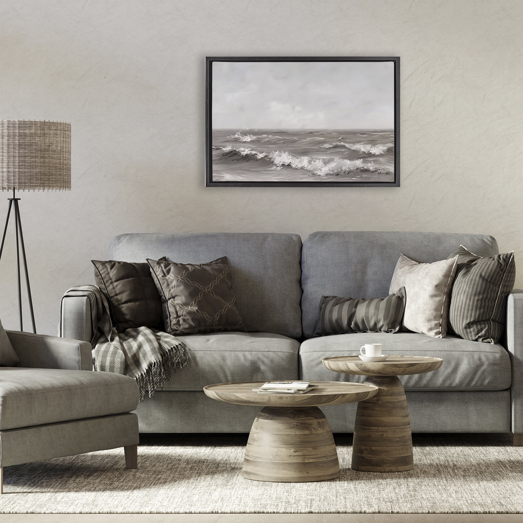 Stupell Industries Monochrome Sea Ripples Black Framed Floater Canvas Wall Art, design by Jacky Ngan