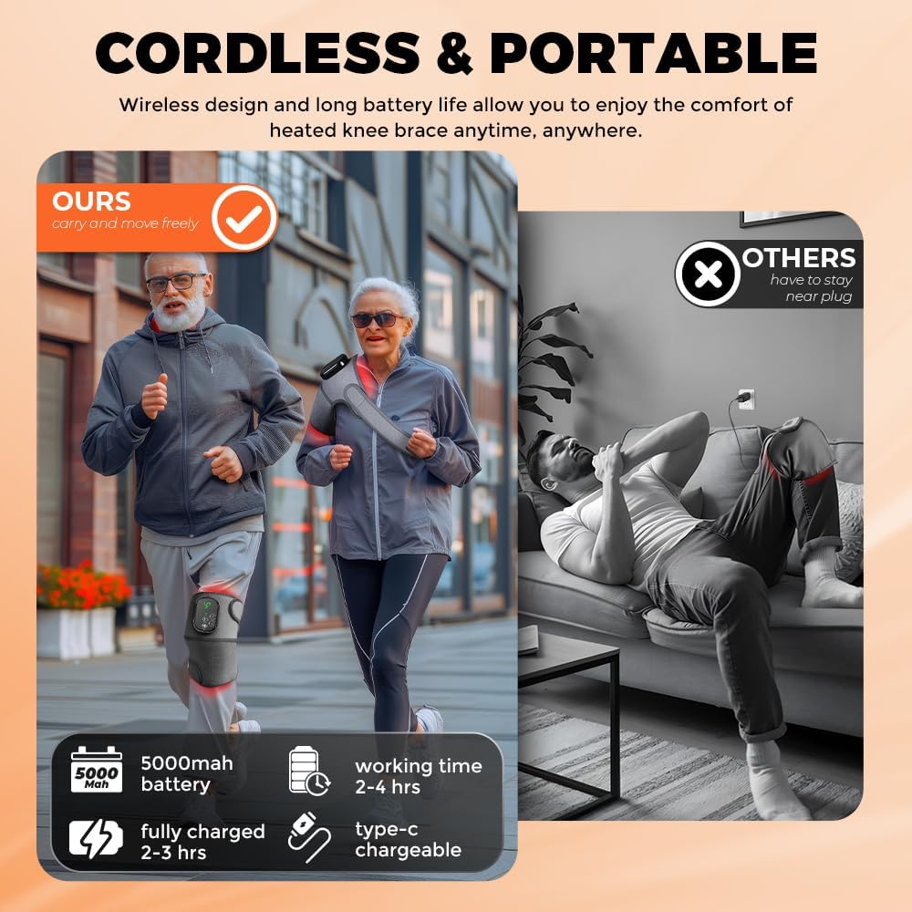 Wearable Heated Wrap with Dual-Wavelength LEDs, Cordless Rechargeable Support Brace for Knee, Elbow, and Shoulder, with Adjustable Temperature and Timed Sessions