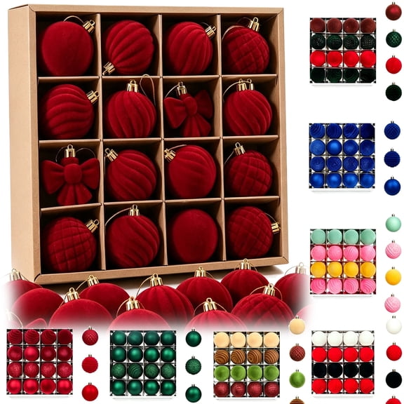 Christmas Tree Ornaments Velvet, 16pcs Flocked Christmas Ball Set for Xmas Decoration, A