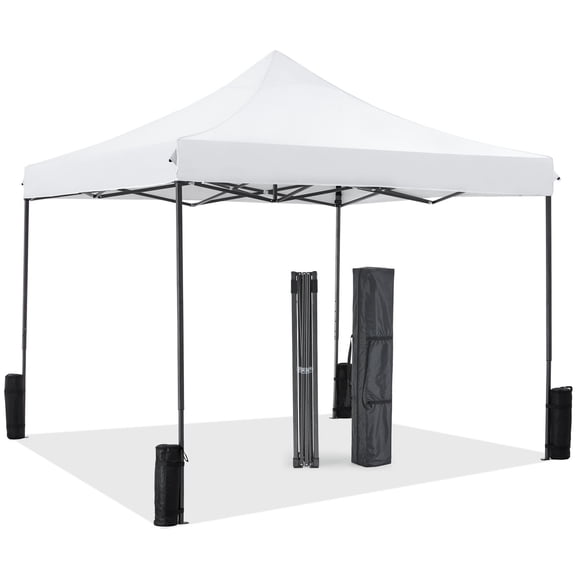 Dozzle Instant Pop Up Canopy Tent 10x10 Feet - Heavy Duty Waterproof Outdoor Canopy with Sand Bags, Carrying Case for Parties, Camping, Beach & Backyard Shade，White
