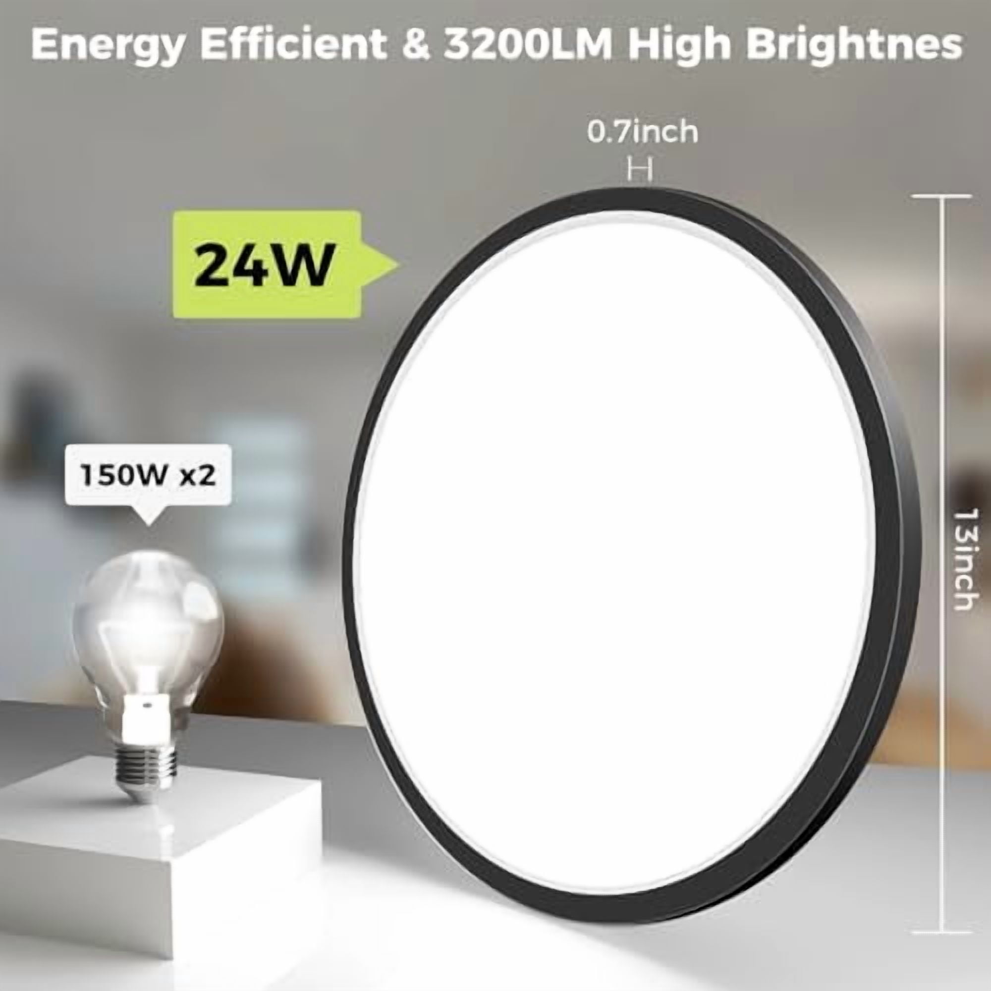 1Pack 13 Inch LED Flush Mount Ceiling Light, Dimmable & 5CCT 3000K-6500K, 24W 3200LM Ultra-Thin Black Round Light for Kitchen Hallway