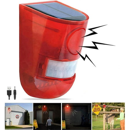 Solar Sound & Light Alarm Motion Sensor 110 Decibels Siren Sound Alert & 6LEDs Flash Warning Strobe Security Alarm System for Farm Villa