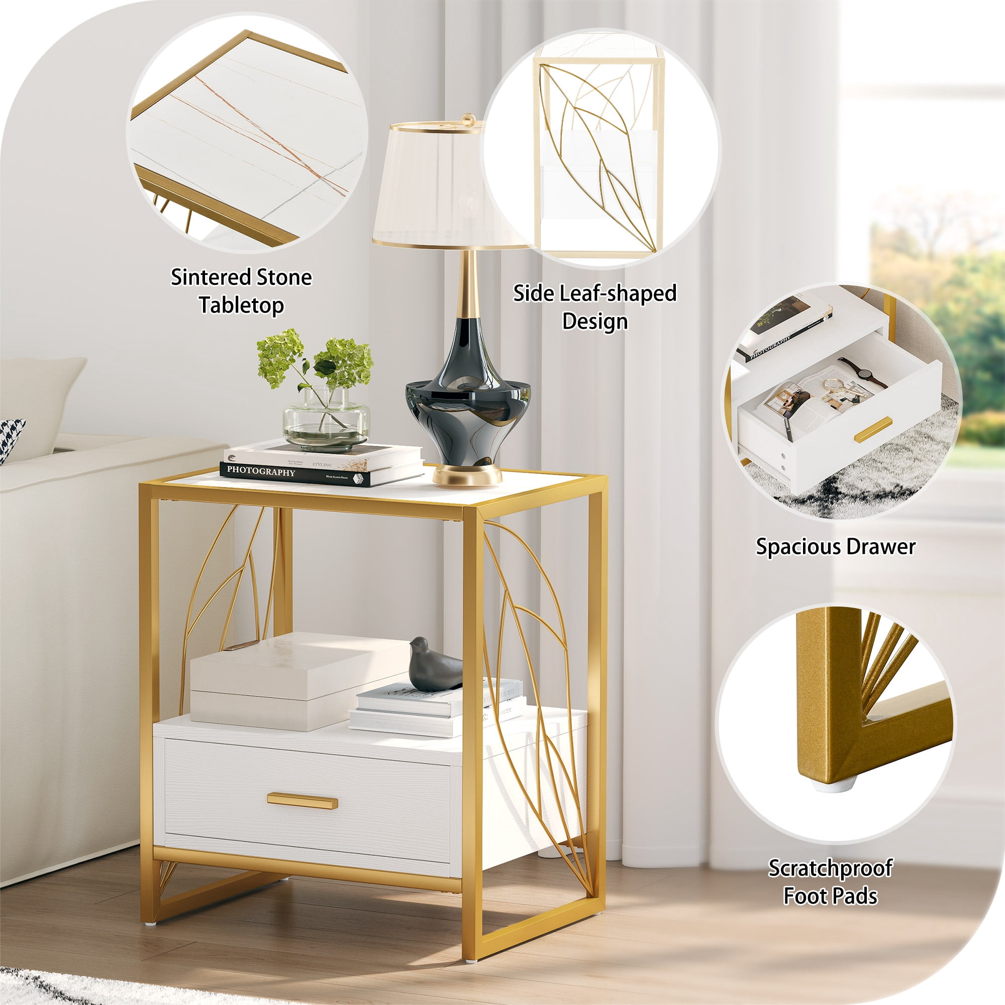 Dextrus End Table with Drawer and Storage Shelf, Modern Nightstand Table Sofa Side Table with Sintered Stone Tabletop and Metal Leaf Shaped Frame for Living Room, Bedroom, White and Gold