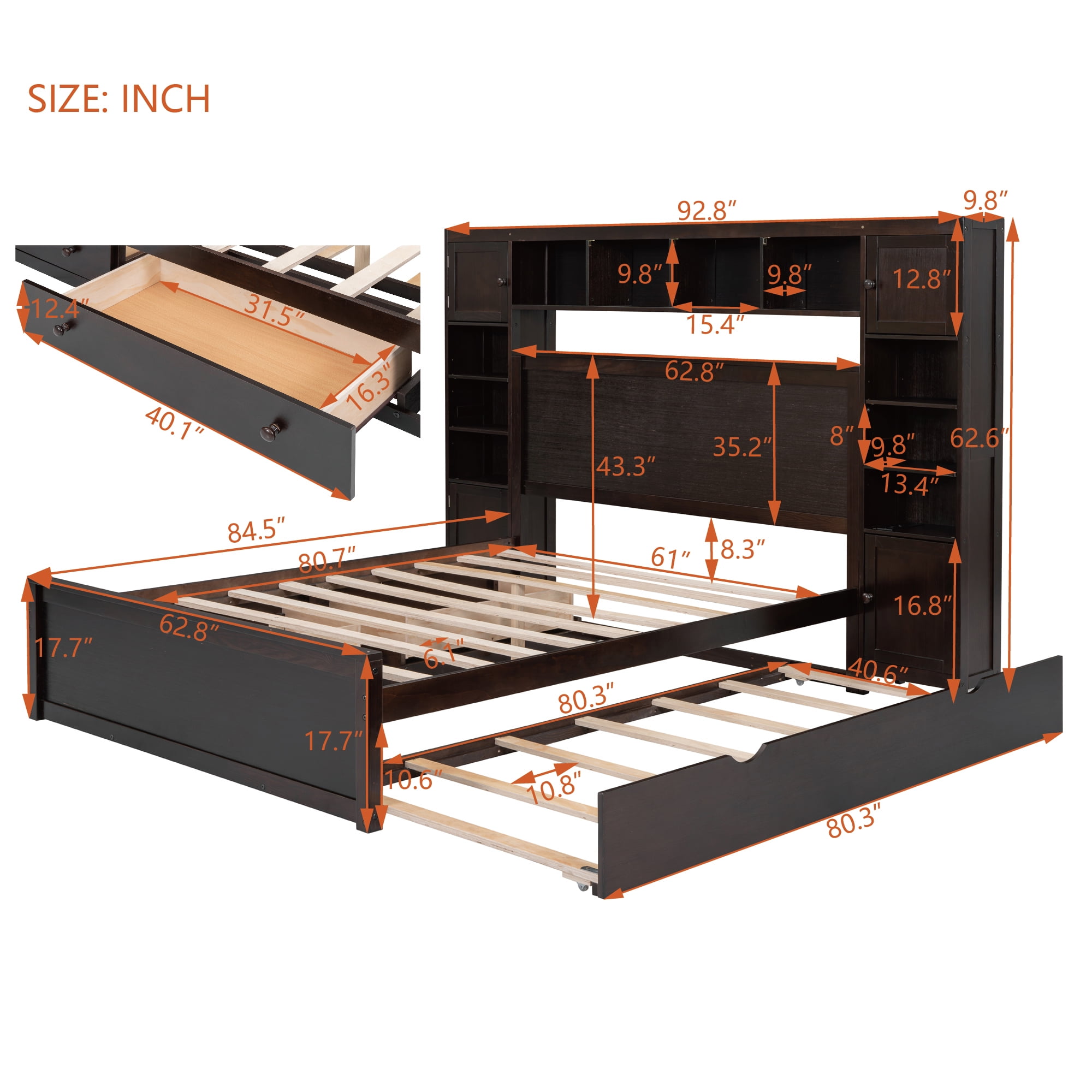 Aukfa Queen Size Bed Frame with All-in-One Cabinet and Shelves, Wooden Functional Bed with Trundle and Storage Drawers, USB Ports Outlets, Espresso