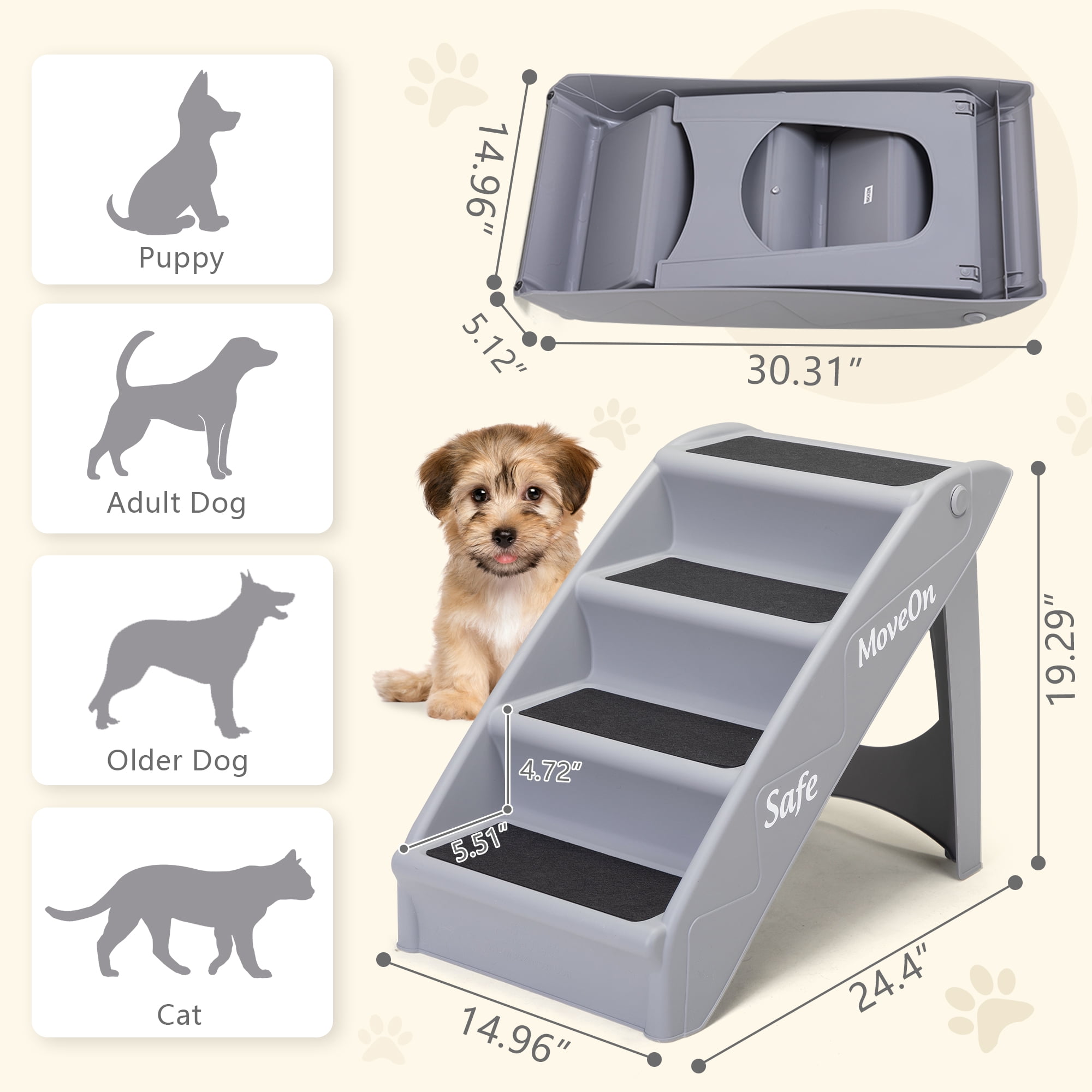 Pefilos 19" Folding Dog Stairs for Dogs and Cats, Dog Stairs for Couch or Bed with 4-Step Design, Pet Ramp for Small Dogs, Gray Pefilos 19" Folding Dog Stairs for Dogs and Cats, Dog Stairs for Couch or Bed with 4-Step Design, Pet Ramp for Small Dogs, Gray
