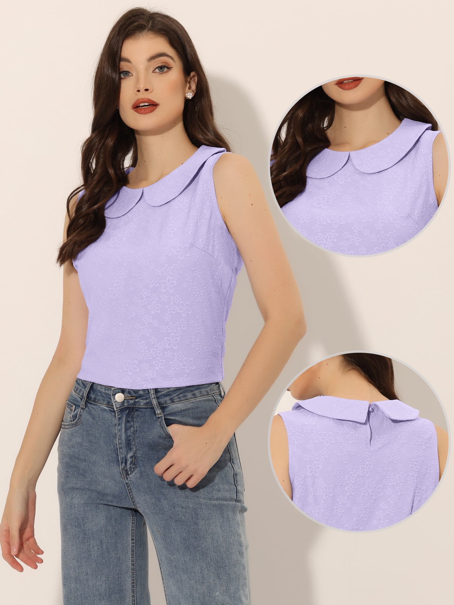 DARING DIVA Blouse Sleeveless Jacquard Floral Tank Top S Light Purple