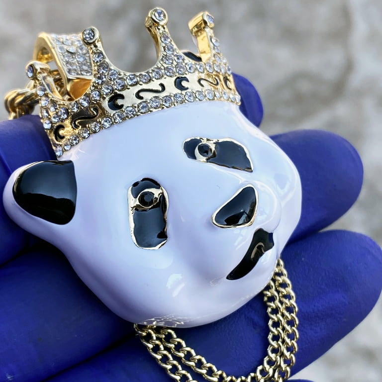 Big Crown Panda Rope Chain White Bear Pendant Gold Finish Hip Hop Necklace  30 Inch x 5 MM Thick 