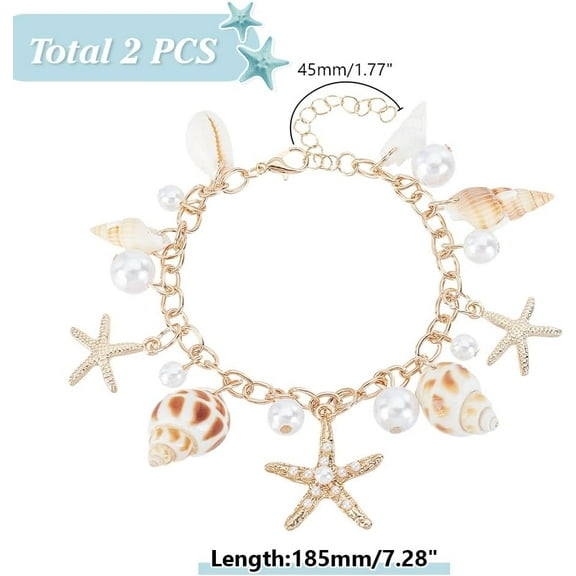 2Pcs Shell Bracelet Starfish Bracelet Ocean Life Bracelets Boho Summer Beach Bracelets Beach Jewelry with Pearl Alloy Golden for Women Summer Souvenirs