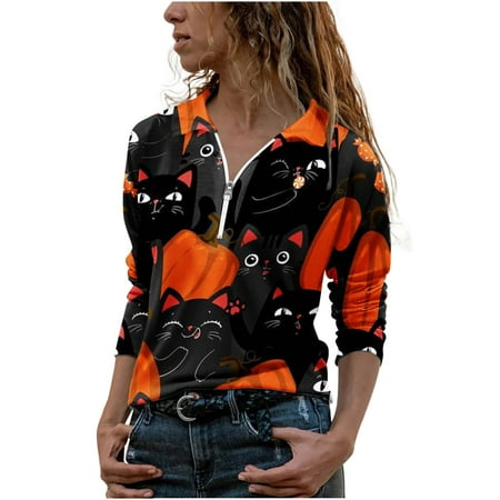 

Yourumao Women Clearance Tops Deep V High Neck Tops for Ladies Summer Fall Long Sleeve Pumpkin Cat Graphic Slimming Tunic Happy Vacation Halloween Gift Cute Top Bustier Tshirt Teen Girl Zip Up Clothes