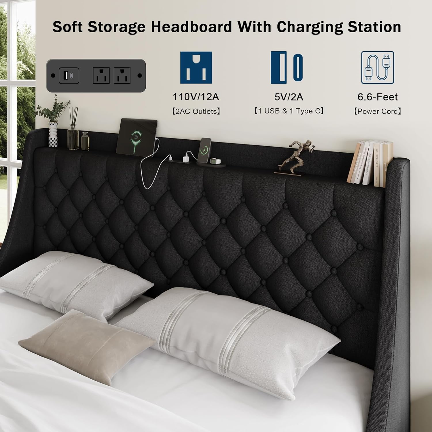 Galnfu King Size Bed Frame with 4 Storage Drawers, Giant Upholstered Wingback Headboard, Fast Charging Station, No Box Spring Needed, Noise-Free,Black