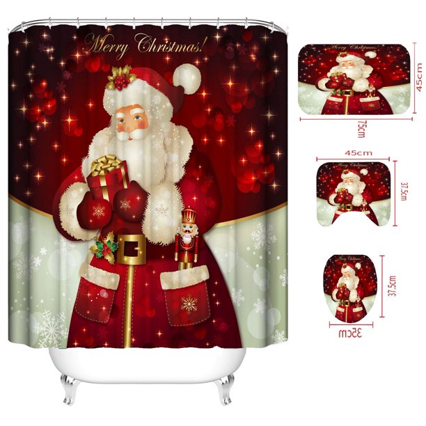 Juego de cortina de ducha con alfombrilla para el suelo, diseño de Papá Noel, muñeco de nieve, impresión digital, dibujos animados, impermeable, poliéster, juego de cuatro piezas para baño