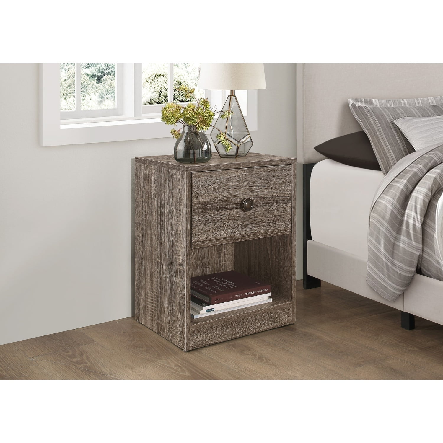 Home Design KD Night Stand with Drawer and Open Shelf, Gray, Easy assembly