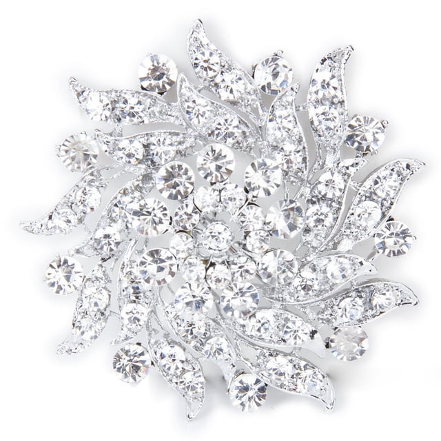MasteelfCA Wedding Bridal Rhinestone Decor Flower Style Brooch Pin (Silver)