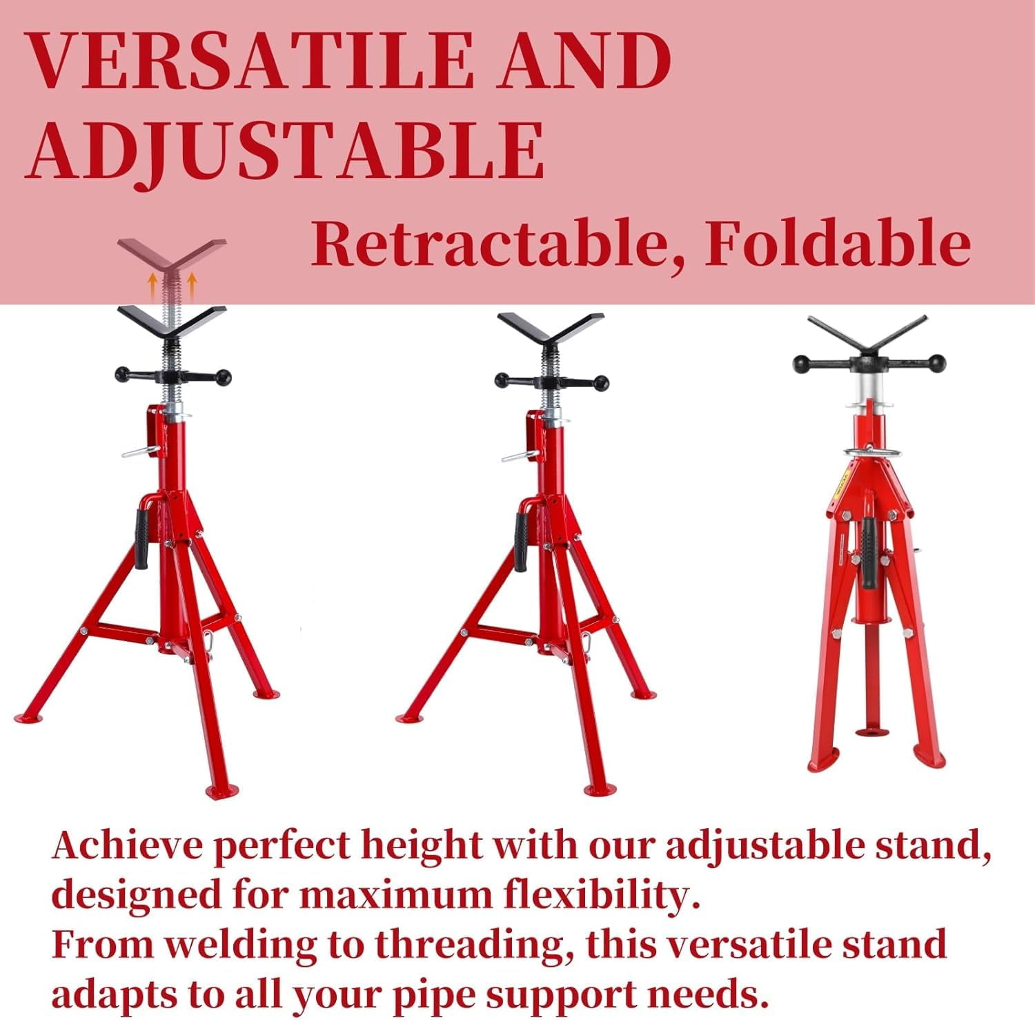 Yeshouse V-Head Pipe Jack Stand, 27 - 52 Inch Adjustable Height, 1/8"-12" Wide Pipe Capacity, 2500 Lbs Load Capacity, Heavy Duty Portable Steel Jacks