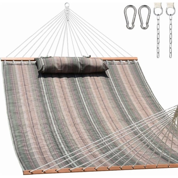 12 FT Quilted Fabric Double Hammock with Spreader Bars and Detachable Pillow 2 Person Outdoor Hammock 450 LBS Capacity Green & Brown Stripe
