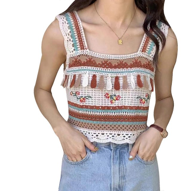 Vintage Embroidery Flower Hollow Out Top for Women Short Sleeve Blouses Square Neck T