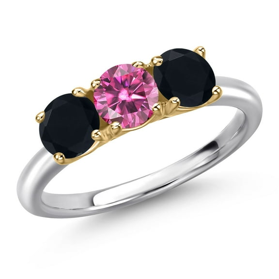 Gem Stone King 925 Silver and 10K Yellow Gold Pink Moissanite and Black Onyx Engagement Ring for Women | 1.45 Cttw | Round 5MM | Gemstone Birthstone | Size 6