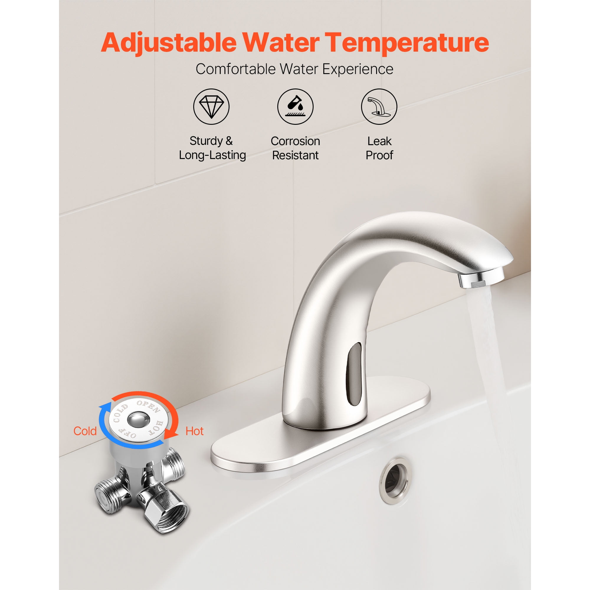 KFFKFF Touchless Bathroom Sink Faucet, Automatic Motion Sensor Restroom Faucet with Hole Cover Plate, Battery Powered, Adjustable Temperature for 9/16 in Pipe, Commercial Lavatory, Brushed Nickel