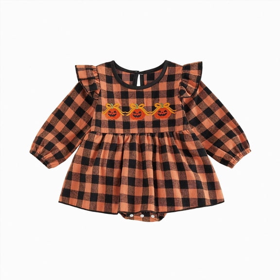 kmaduk Newborn Baby Girl Halloween Outfit Bow Bubble Romper Long Sleeve Jumpsuit Cute Infant Girl Clothes (Orange,12-18 Months)
