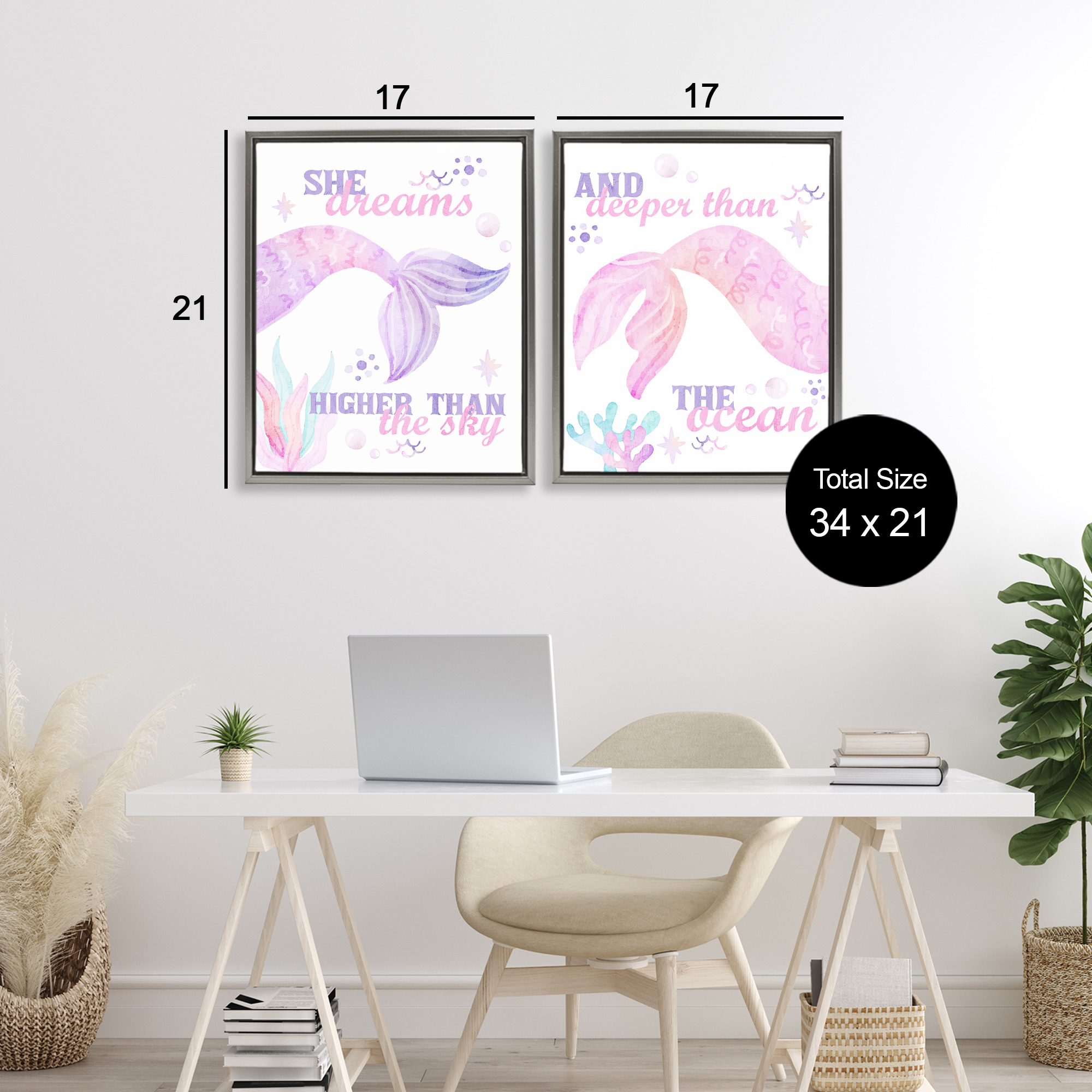 Mermaid Dreams Ocean & Sky 2 Piece Gray Framed Floater Canvas Set, design by Kim Allen