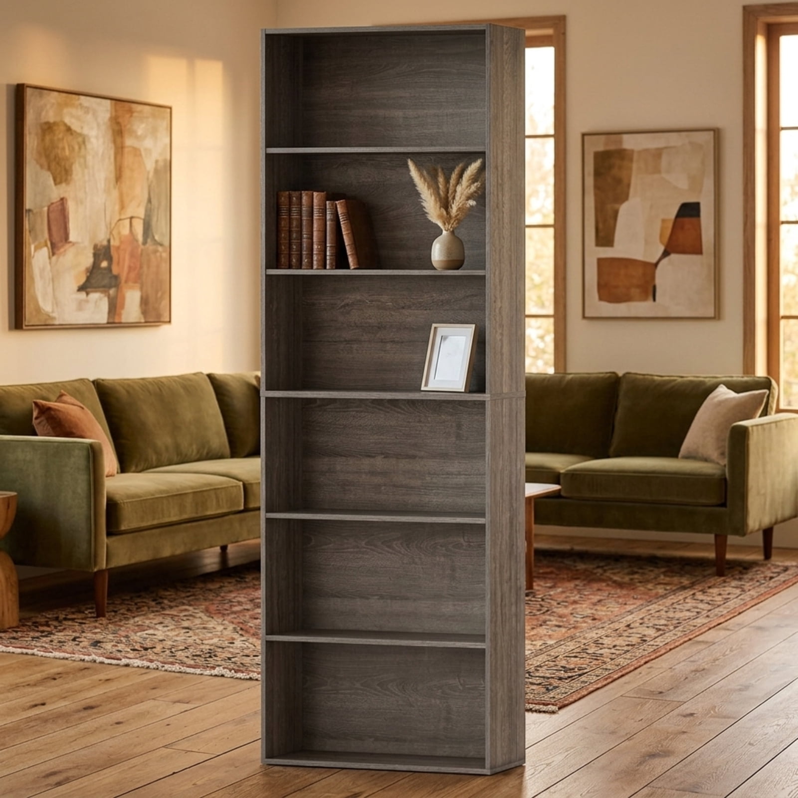 Furnibear 6-Tier Tall Bookcase with 6 Open Shelves and Anti-Toppling Kits Freestanding Wood Storage for Living Room Study and Office, Gray