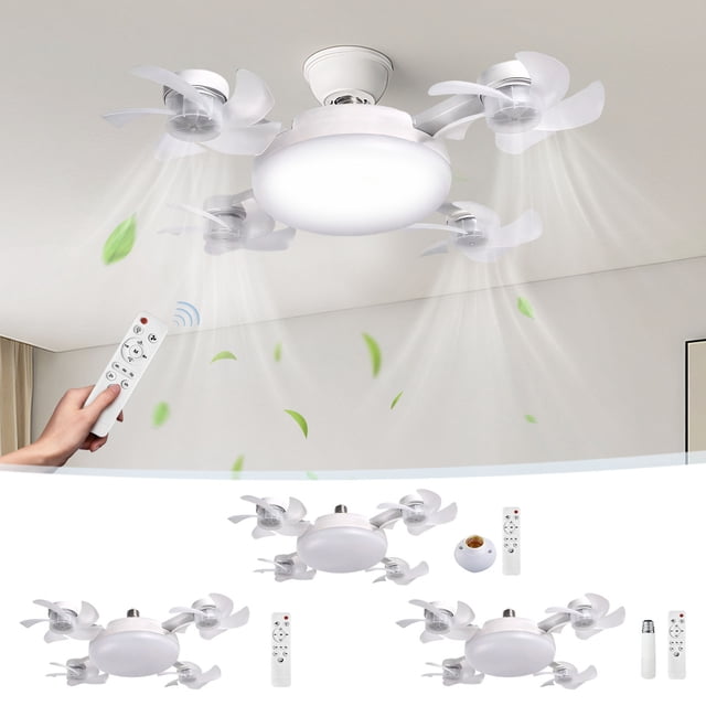 Sentmoon Mini Fan Personal Fans Portable Rechargeable Fan Light E27 Screw Fan Pendant Light Bedroom Silent Remote Control Ceiling Fan Light Eye Protection Energy-saving Light