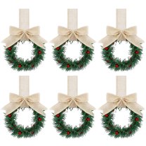 Yucurem 5.1 Inch Mini Christmas Cabinet Wreath, 6PCS Small Christmas Kitchen Wreaths with Bow Ribbon for Xmas Window Door Chair Fireplace Table Centerpiece Indoor Outdoor Decor