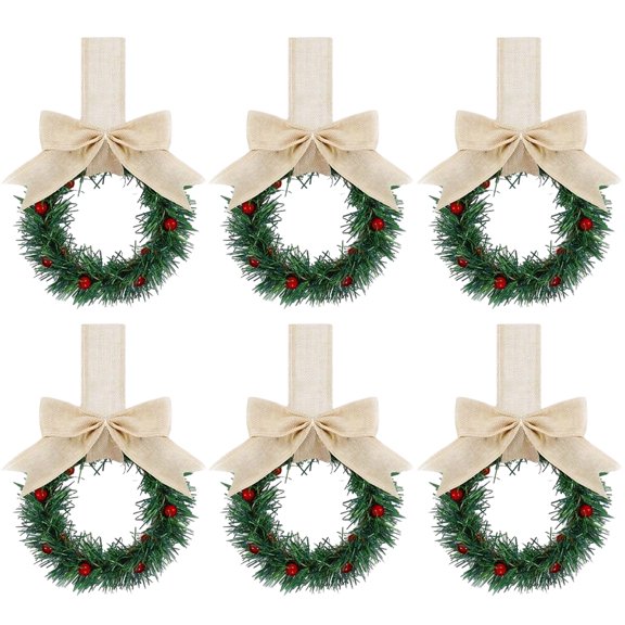 Yucurem 5.1 Inch Mini Christmas Cabinet Wreath, 6PCS Small Christmas Kitchen Wreaths with Bow Ribbon for Xmas Window Door Chair Fireplace Table Centerpiece Indoor Outdoor Decor