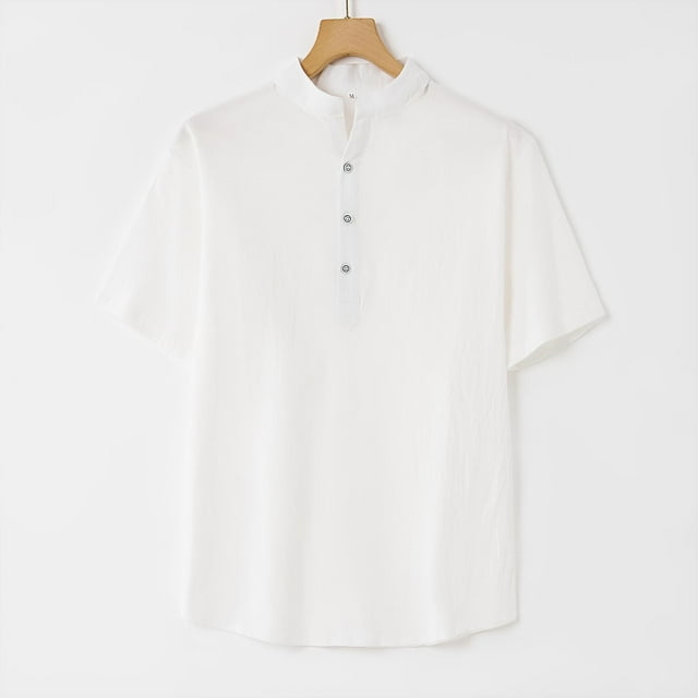 Ceisia Men's Shirt | Loose Stand Collar Short Sleeve Cotton-Linen Shirt | Breathable Textured Wrinkle (Multiple Solid Colors) Gift