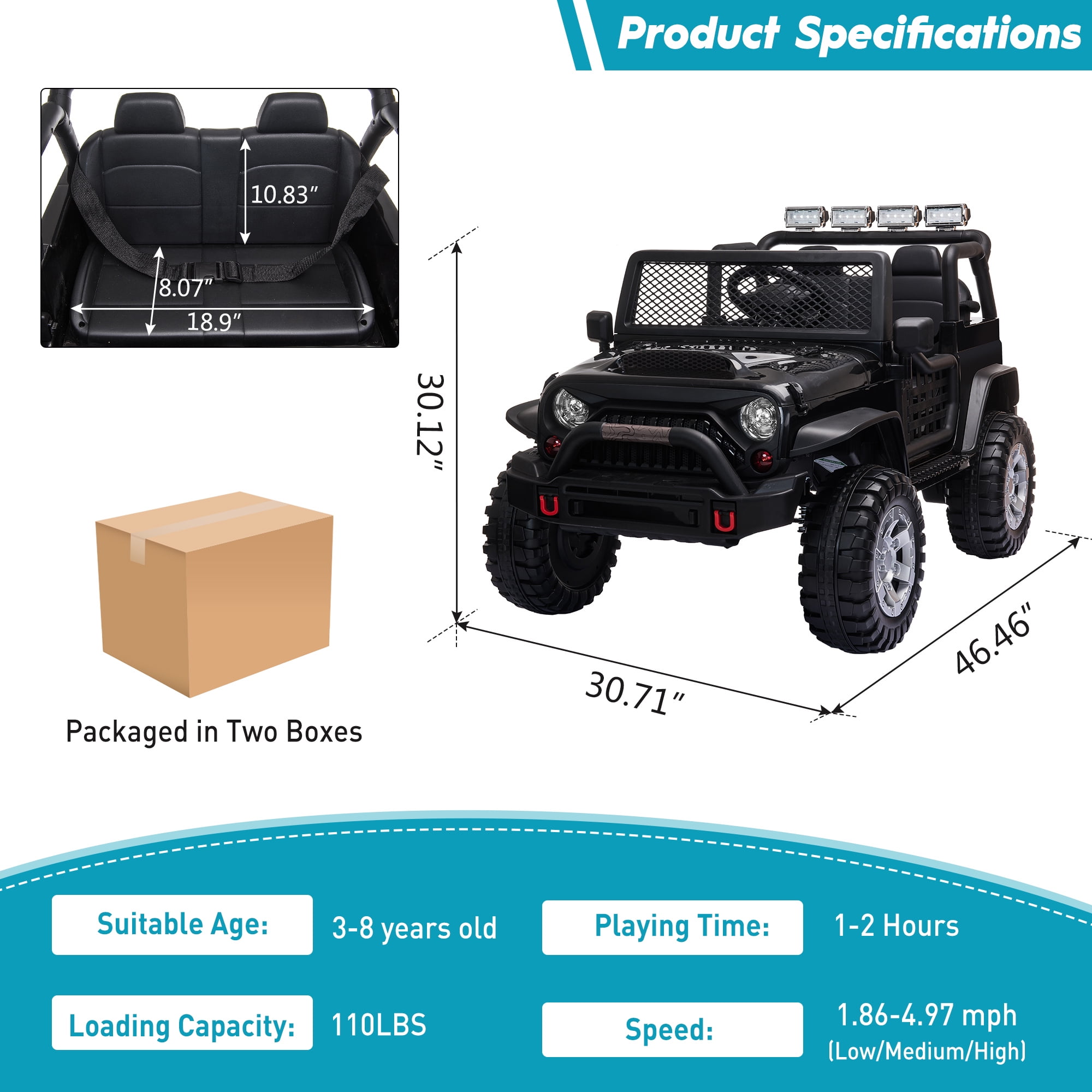 TOBBI 12V Kids Ride on Car, Jeep Car with Remote Control, LED Lights, Music, Horn, Bluetooth, Spring Suspension, Rocking, Black