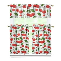 Kitchen Curtains 36 Inch Short - 3 Panel Set Cherry Print, Rod Pocket Window Curtains 100% Polyester, Sweet Fruit Valance for Farmhouse, Cafe, Living Room, Bedroom, Easy Wash