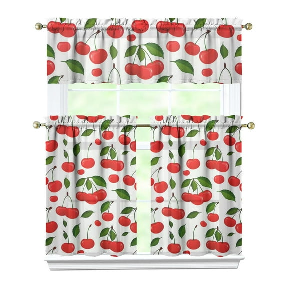 Kitchen Curtains 36 Inch Short - 3 Panel Set Cherry Print, Rod Pocket Window Curtains 100% Polyester, Sweet Fruit Valance for Farmhouse, Cafe, Living Room, Bedroom, Easy Wash