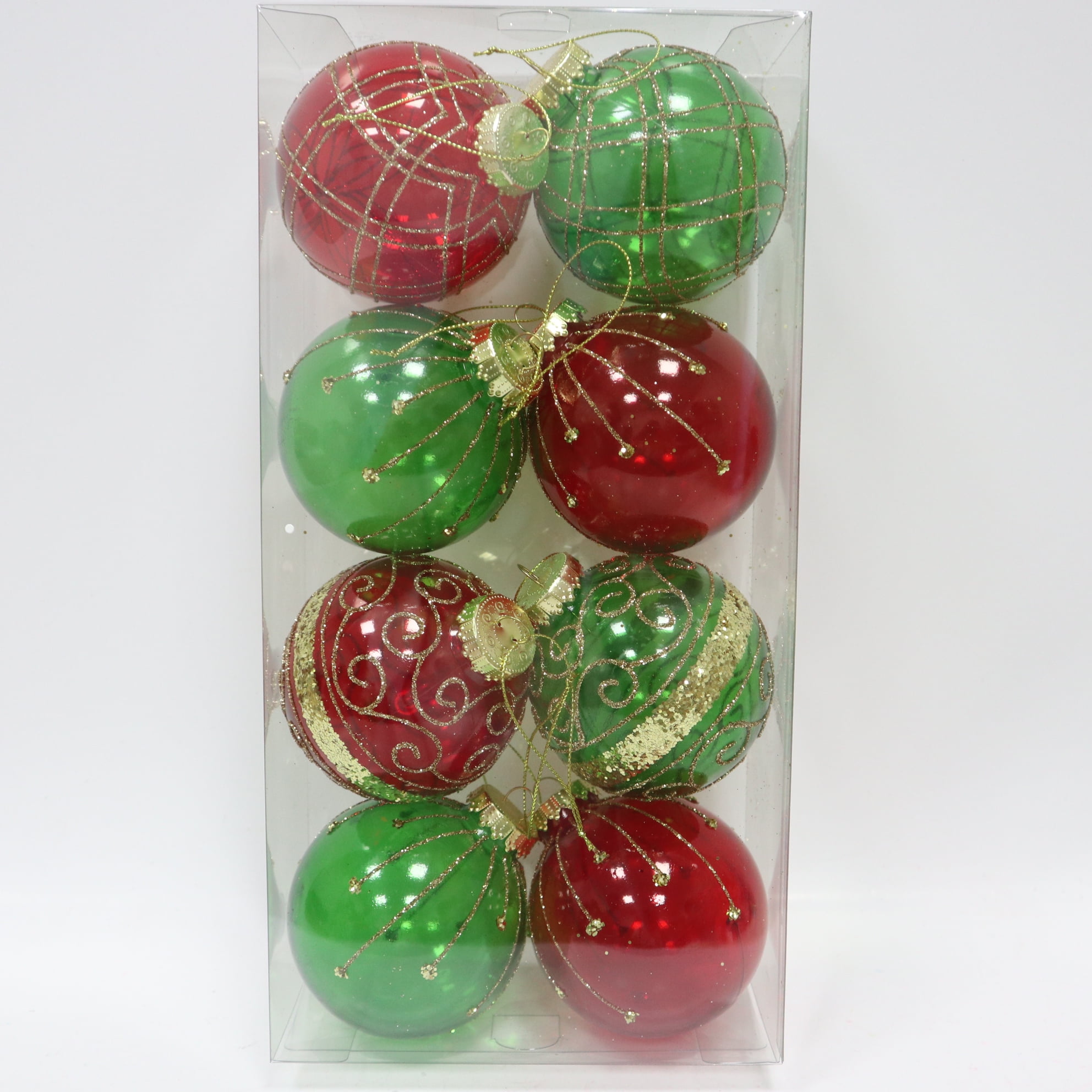 Holiday Time 8 Pieces Red/Green/Gold Clear ball with Glitter lines Ball Ornamnt