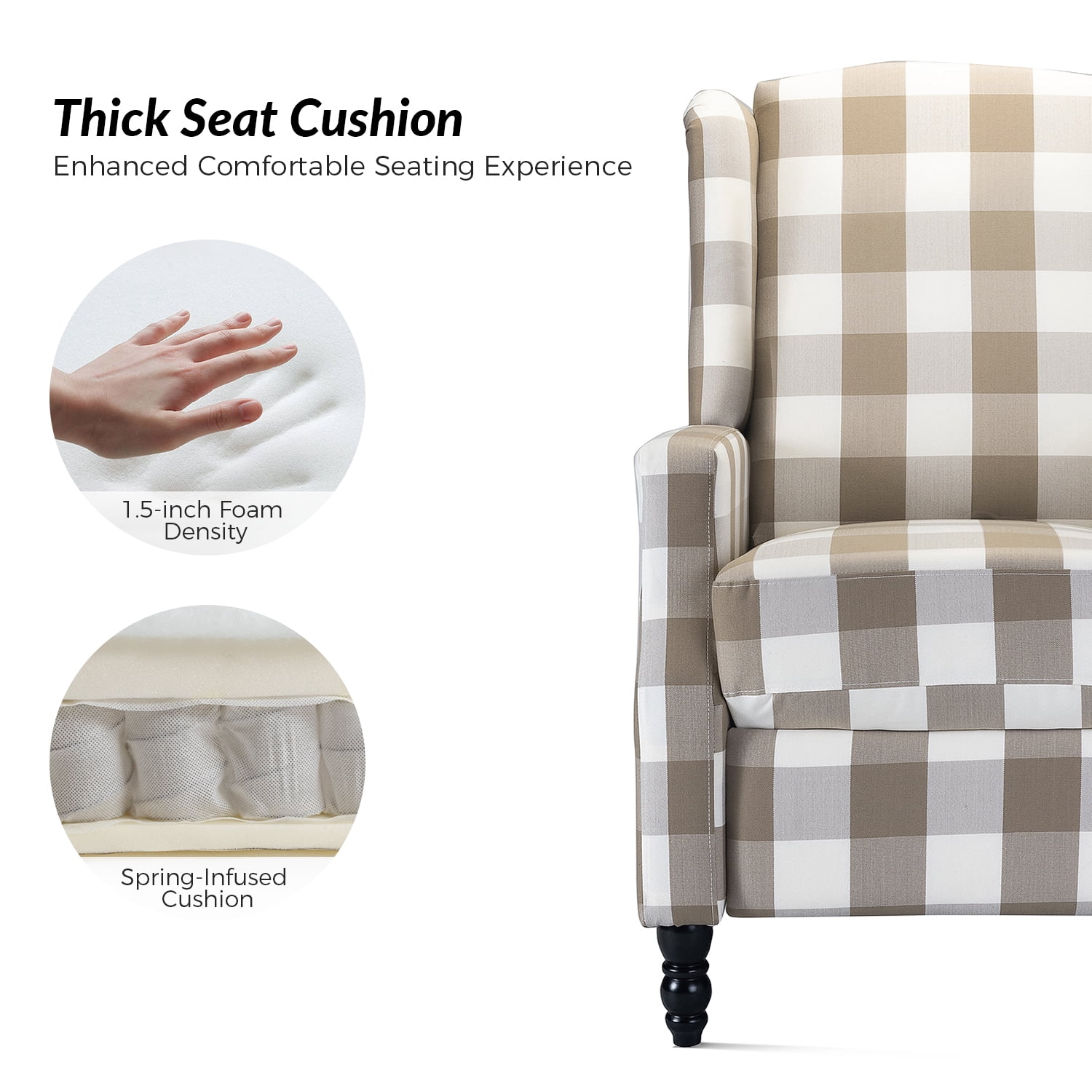 Recliners Chairs Set of 2 Push Back Upholstered Wingback Traditional Fabric Living Room Plaid Beige