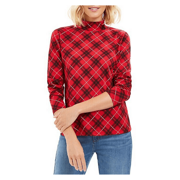 Karen Scott Feather Plaid Mockneck Cotton-Blend Top, Petite M